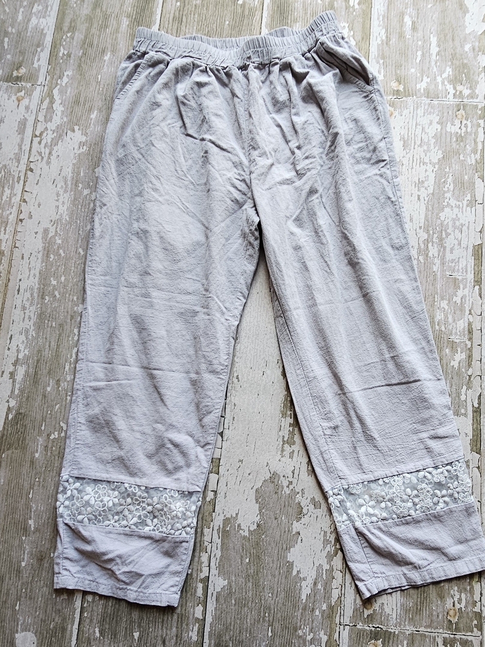 Light Gray Ladies Xxl Relaxed Drawstring Pants with Embroidered Hem